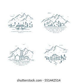 Flat line illustration with wild landscapes, travel concept set. Trendy vector design with house, trees, mountains, minivan and waterfall. Nature exploration card collection