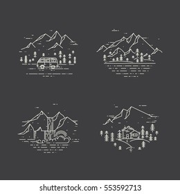 Flat line illustration with wild landscapes, travel concept set on black. Trendy vector design with house, minivan, trees, mountains and waterfall. Nature exploration card collection
