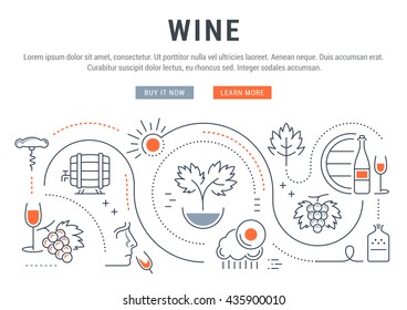 Flat line illustration of wine making, grape cultivation and sale of alcoholic beverages. Concept for web banners and printed materials. Template with buttons for website banner and landing page.