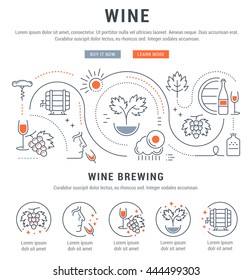 Flat line illustration of wine making, grape cultivation and sale of alcoholic beverages. Concept for web banners and printed materials. Template with buttons for website banner and landing page.