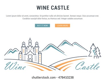 Flat line illustration of wine making, grape cultivation and Wine Castle. Concept for web banners and printed materials. Template with buttons for website banner and landing page.