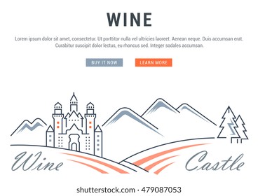 Flat line illustration of wine making, grape cultivation and Wine Castle. Concept for web banners and printed materials. Template with buttons for website banner and landing page.