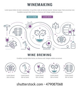 Flat line illustration of wine making, grape cultivation and sale of alcoholic beverages. Concept for web banners and printed materials. Template with buttons for website banner and landing page.