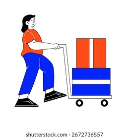 Flache Darstellung einer Frau, die einen mit Versandkisten beladenen Handwagen zieht. Einfaches, minimalistisches Design für liefer-, bewegungs- oder logistikbezogene Designs.