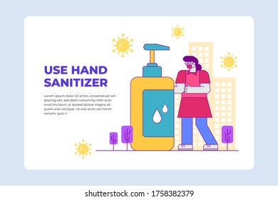 Flat line Illustration of Women with masks and hand sanitizer, Awareness about use of alcohol based sanitizer to clean hands and prevent germs. Vector illustration in a flat style