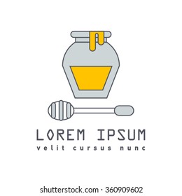 Flat line illustration of wooden drizzler dripped in honey with glass jar. 