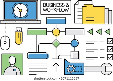 Flat line illustrations of business process, market research, analysis, planning, business management, strategy, finance and investment, business success. Concept for web banners and printed materials