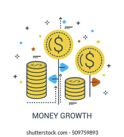 Flat line infographic concept of money growth, profit or money investments, vector icon concept