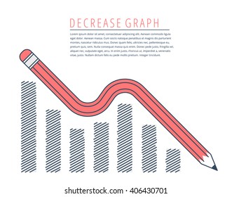 Flat line infographic decreasing graph business concept. Red pencil as a downward arrow with recession hand drawn column chart. Infographics vector elements for web, publish, social networks. 