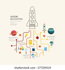 Flat line Infographic Education rocket Outline concept.Vector Illustration. 