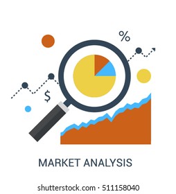 Infografik-Icon-Konzept der Marktanalyse, Marketing Data Analytics of Development and Growth. Wunderbares Glas und wachsende Grafik. Design des Vektorsymbol-Designs
