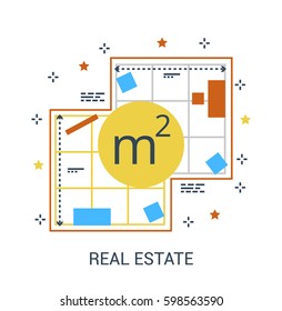 Flat line Infographic Icon Concept of Real Estate. Plan (drawing) of floor. Color Symbol Template