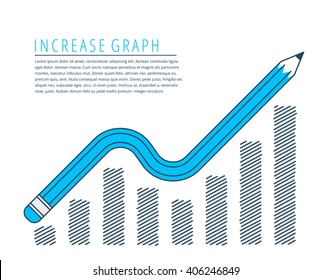 Flat line infographic increase profit graph business concept. Blue pencil as a growth arrow with hand drawn column chart. Infographics vector elements for web, publish, social networks. 