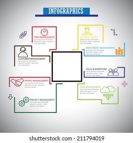 flat line infographics icons set of management - concept vector. This also represents management icons of management of banking, people, project, marketing, data, finance, sales, service, customer