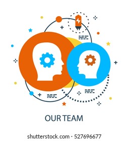 Flat line infographics team or teamwork vector icon concept, head silhouettes