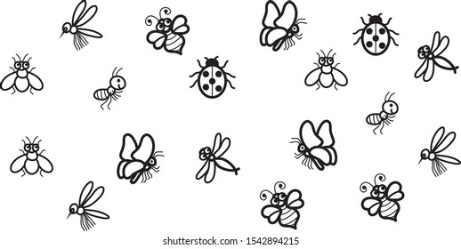 Flat line insect icons set. Butterfly, bee, vector illustration. Contour marks. Editable strokes.
