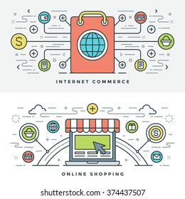 Flat line Internet Commerce and Online Shopping. Vector illustration. Modern thin linear stroke vector icons. Website Header Graphics, Banner, Infographics Design, Promotional Materials. Vector Icons.