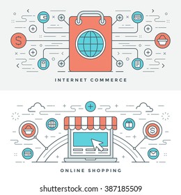 Flat line Internet Commerce and Online Shopping. Vector illustration. Modern thin linear stroke vector icons. Website Header Graphics, Banner, Infographics Design, Promotional Materials. Vector Icons.