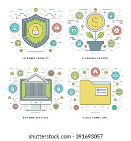 Flat line Internet Security, Financial Growth, Banking Services, Business Concepts Set Vector illustrations. Modern thin linear stroke vector icons. Website Header Graphics, Banner, Infographics. 