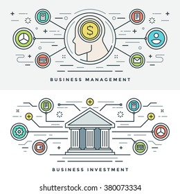 Flat line Investment and Business Management Concept Vector illustration. Modern thin linear stroke vector icons. Website Header Graphics, Banner, Infographics Design, Promotional Material. Head Icon.