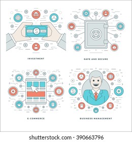 Flat line Investment, Security, E-commerce, Management Business Concepts Set Vector illustrations. Modern thin linear stroke vector icons. Website Header Graphics, Banner, Infographics Design. 