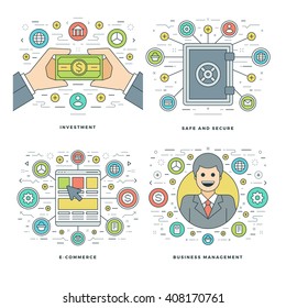 Flat line Investment, Security, E-commerce, Management Business Concepts Set Vector illustrations. Modern thin linear stroke vector icons. Website Header Graphics, Banner, Infographics Design. 