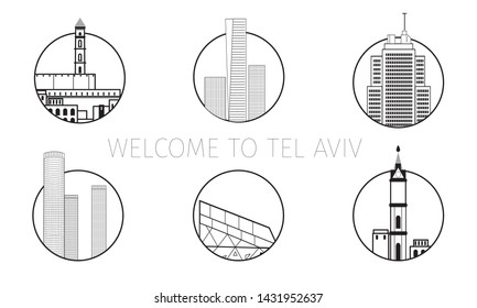 Flat line israel vector illustration. Tel Aviv landscape, Jaffa quarter and modern skyscrapers.