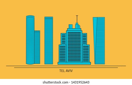 Flat line israel vector illustration. Tel Aviv landscape, modern skyscrapers.