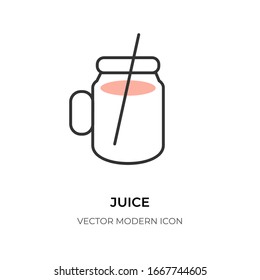 Flat line juice icon. Border design element fresh fruit drink. Pictogram contour glass jar wimith a straw. Logo linear template healthy vitamin beverage, fitness cocktail. Isolated vector illustration