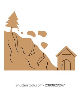 Flat line landslide. Vector illustration with natural disaster theme and flat line vector style. Editable vector.