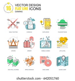 Flat line leisure mobile gaming icons concepts set for website and mobile site and apps. Computer game objects and elements. New style flat simple pictogram pack. Vector illustration.