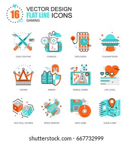 Flat line leisure mobile gaming icons concepts set for website and mobile site and apps. Computer game objects and elements. New style flat simple pictogram pack. Vector illustration.