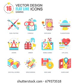 Flat line leisure mobile gaming icons concepts set for website and mobile site and apps. Computer game objects and elements. New style flat simple pictogram pack. Vector illustration.