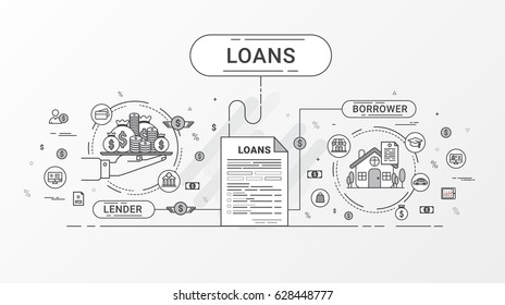 Concepto de diseño gráfico de línea plana Loans Info. Contrato de préstamo entre acreedor y deudor. Ilustración vectorial.