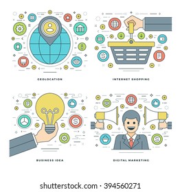 Flat line Location, Internet Shopping, Digital Marketing, Business Idea Concepts Set Vector illustrations. Modern thin linear stroke vector icons. Website Header Graphics, Banner, Infographics. 