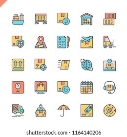 Flat line logistics, delivery, transportation icons set for website and mobile site and apps. Outline icons design. 48x48 Pixel Perfect. Linear pictogram pack. Vector illustration.