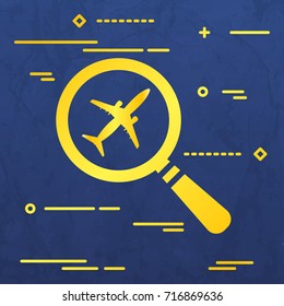 Flat Line magnifying glass with airplane pictogram on a blue grunge background
