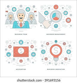 Flat line Management, Finance Accounting, Innovations, Business Team Concepts Set Vector illustrations. Modern thin linear stroke vector icons. Website Header Graphics, Banner, Infographics. 