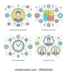 Flat line Management, Team Building, Success, Employee Search, Business Concepts Set Vector illustrations. Modern thin linear stroke vector icons. Website Header Graphics, Banner, Infographics Design 