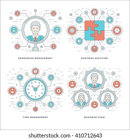 Flat line Management, Team Building, Success, Employee Search, Business Concepts Set Vector illustrations. Modern thin linear stroke vector icons. Website Header Graphics, Banner, Infographics Design 