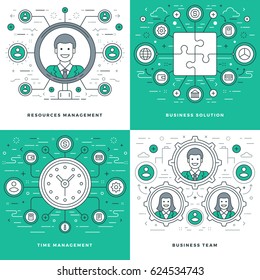 Flat line Management, Team Building, Success, Employee Search, Business Concepts Set Vector illustrations. Modern thin linear stroke vector icons. 