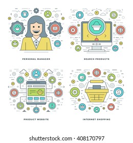 Flat line Manager, Search Products, Shopping Business Concepts Set Vector illustrations. Modern thin linear stroke vector icons. Website Header Graphics, Banner, Infographics Design. 