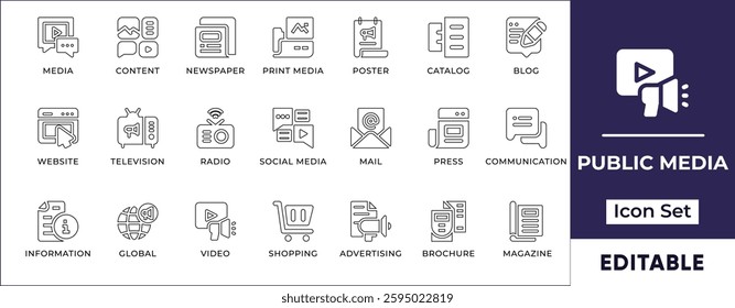 Flat line mass media, social networks, journalism, and communication icon set featuring public relations, online media, broadcasting, news reporting, networking, and digital interaction concepts.