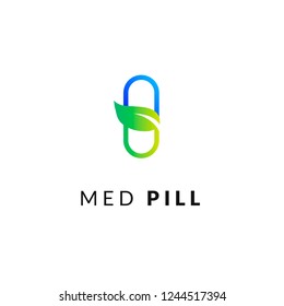 Flat Line Medicine Icon  Blue And Green  Emblem Logo, Web Online Concept. Sign Of Pill And Leaf, Pharmaceutical Icon