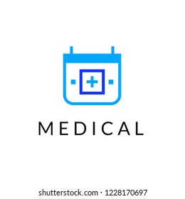 Flat line medicine icon monochrome blue emblem logo, web online concept.Logo of medical cross inside the calendar for hospital, clinic, medicine appointment app