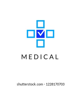 Flat line medicine icon monochrome blue emblem logo, web online concept.Logo of medical cross with check boxes for hospital, clinic, medicine appointment app