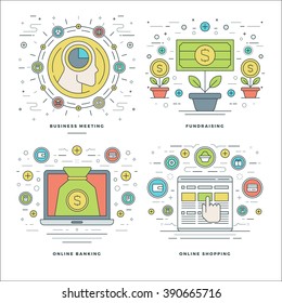 Flat line Meeting, Fundraising, Banking, Shopping Business Concepts Set Vector illustrations. Modern thin linear stroke vector icons. Website Header Graphics, Banner, Infographics Design. Flat line Meeting, Fundraising, Banking, Shopping Business Concepts Set Vector illustrations. Modern thin linear stroke vector icons. Website Header Graphics, Banner, Infographics Design.