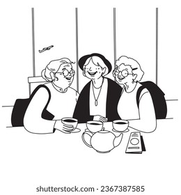 Flat Line Minimalistic Elderly Women Airport Coffee Illustration