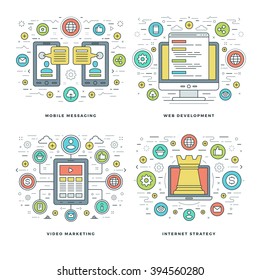 Flat line Mobile Messaging, Codding Development, Marketing, Business Strategy Concepts Set Vector illustrations. Modern thin linear stroke vector icons. Website Header Graphics, Banner, Infographics. 