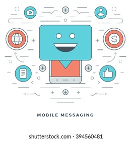 Flat line Mobile Messaging Concept Vector illustration. Modern thin linear stroke vector icons. Website Header Graphics, Banner, Infographics Design, Promotional Materials. Vector Icons. Flat line Mobile Messaging Concept Vector illustration. Modern thin linear stroke vector icons. Website Header Graphics, Banner, Infographics Design, Promotional Materials. Vector Icons.